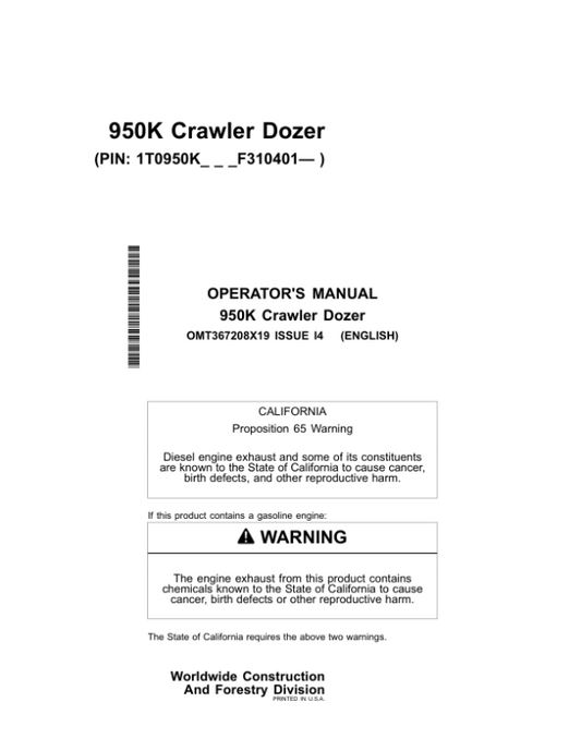 John Deere 950K Crawler Dozers Operator’s Manuals (OMT367208X19) Workshop Guide