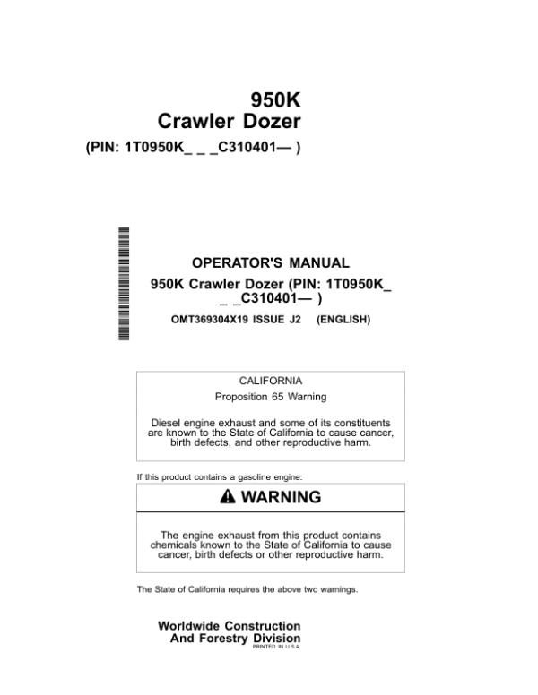 John Deere 950K Crawler Dozers Operator’s Manuals (OMT369304X19) Workshop Guide