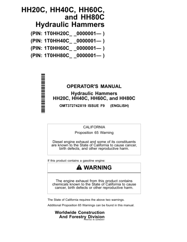 John Deere HH20C, HH40C, HH60C, HH80C Worksite Pro Attachments Operator’s Manuals (OMT372742X19) Workshop Guide