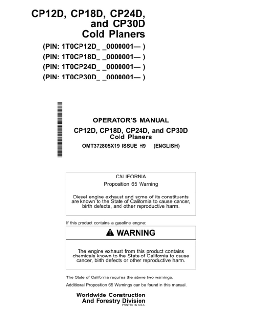 John Deere CP12D, CP18D, CP24D, CP30D Worksite Pro Attachments Operator’s Manuals (OMT372805X19) Workshop Guide