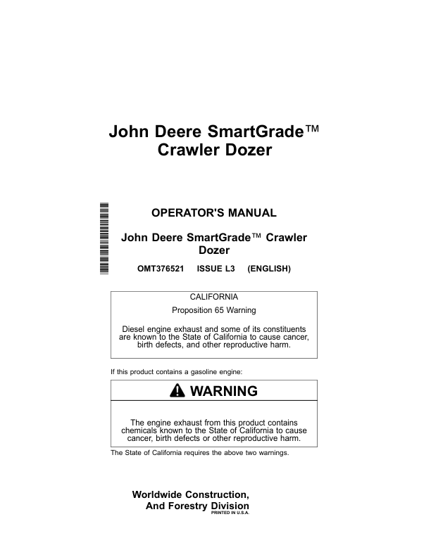 John Deere 650K, 700K, 750K, 850K, 950K, 850L, 950 P Crawler Dozers Operator’s Manuals (OMT376521) Workshop Guide