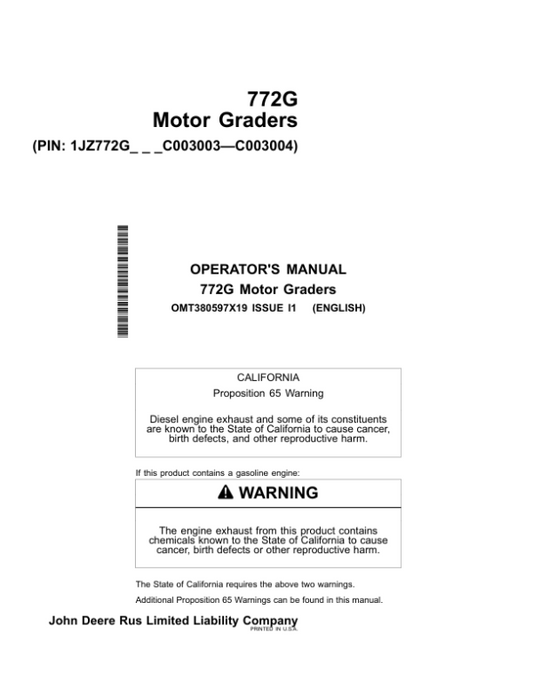 John Deere 772G Motor Graders Operator’s Manuals (OMT380597X19) Workshop Guide