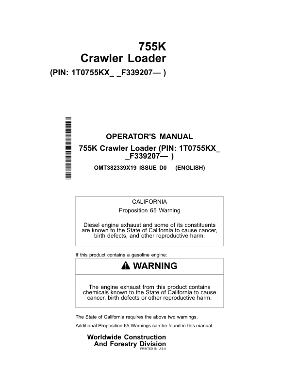 John Deere 755K Crawler Loaders Operator’s Manuals (OMT382339X19) Workshop Guide
