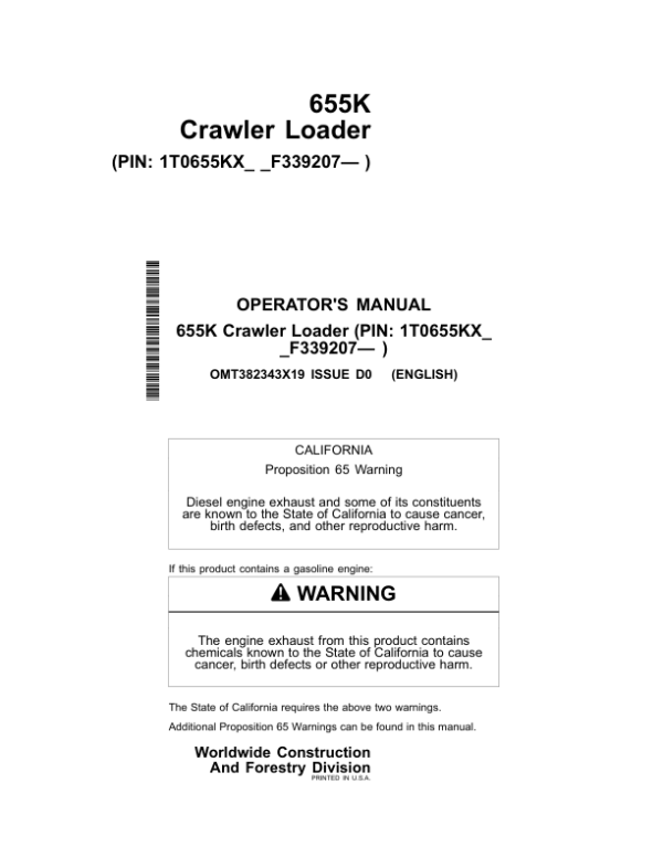 John Deere 655K Crawler Loaders Operator’s Manuals (OMT382343X19) Workshop Guide