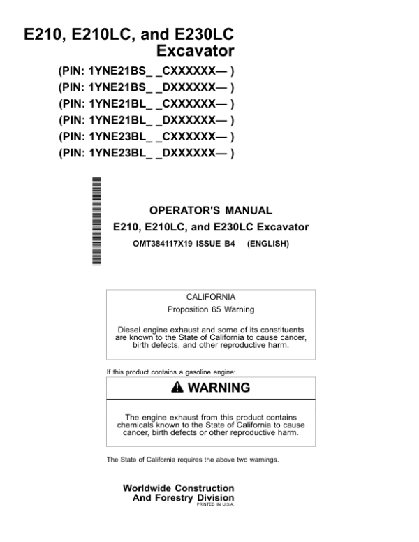John Deere E210, E210LC, E230LC Excavators Operator’s Manuals (OMT384117X19) Workshop Guide