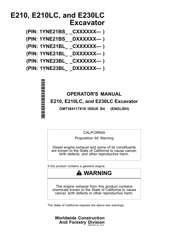 John Deere E210, E210LC, E230LC Excavators Operator’s Manuals (OMT384117X19) Workshop Guide