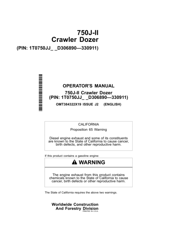 John Deere 750J-II Crawler Dozers Operator’s Manuals (OMT384322X19) Workshop Guide