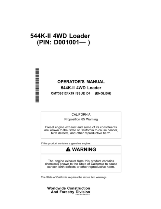 John Deere 544K SERIES II Loaders Operator’s Manuals (OMT386124X19) Workshop Guide