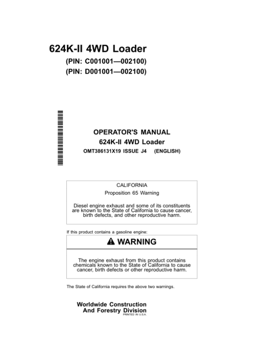 John Deere 624K SERIES II Loaders Operator’s Manuals (OMT386131X19) Workshop Guide