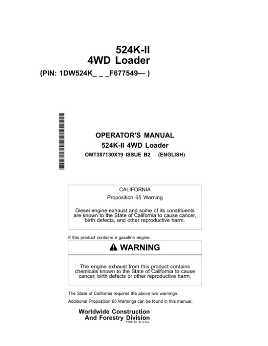 John Deere 524K SERIES II Loaders Operator’s Manuals (OMT387130X19) Workshop Guide