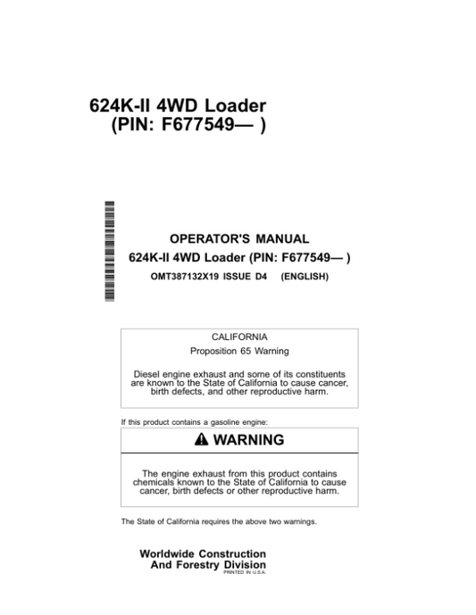 John Deere 624K SERIES II Loaders Operator’s Manuals (OMT387132X19) Workshop Guide
