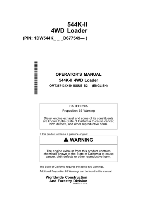 John Deere 544K SERIES II Loaders Operator’s Manuals (OMT387134X19) Workshop Guide