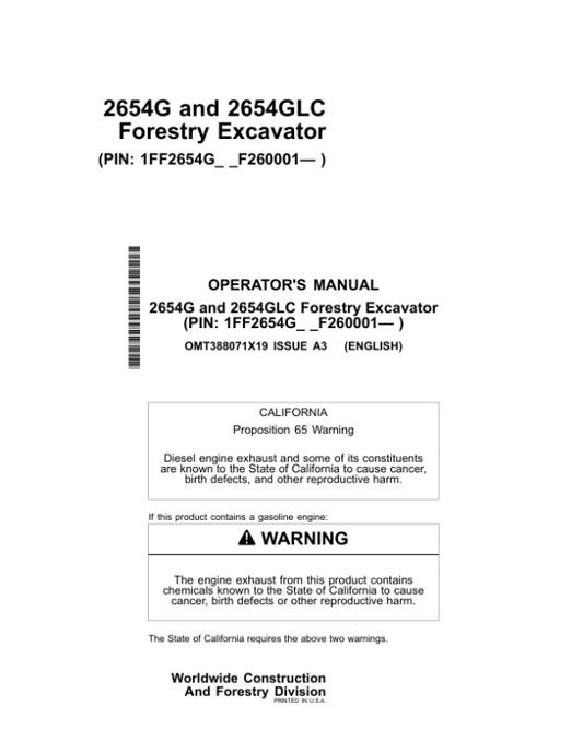 John Deere 2654G, 2654GLC Forestry Excavator Operator’s Manuals (OMT388071X19) Workshop Guide