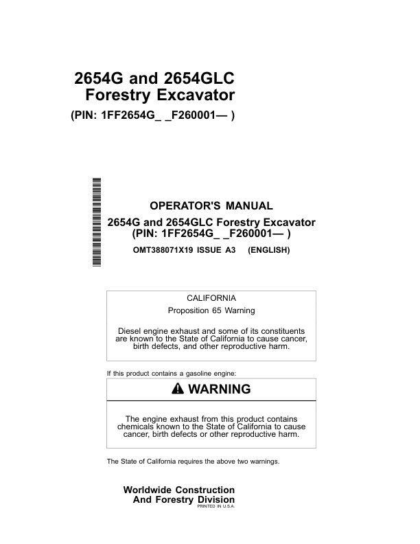 John Deere 2654G, 2654GLC Forestry Excavator Operator’s Manuals (OMT388071X19) Workshop Guide