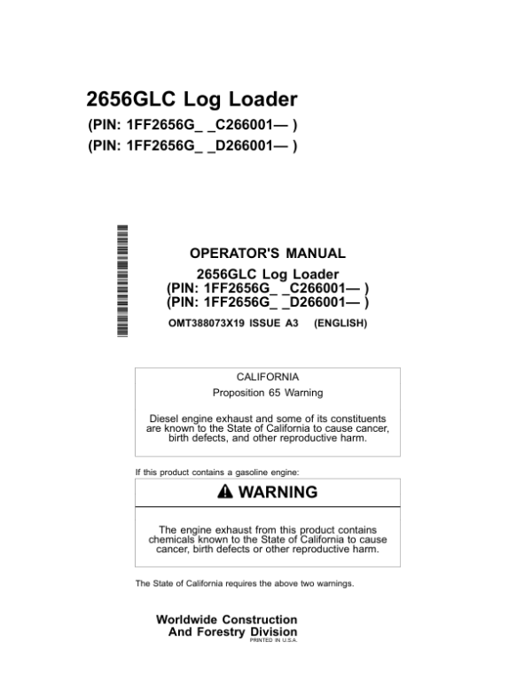 John Deere 2656GLC Log Loaders Operator’s Manuals (OMT388073X19) Workshop Guide