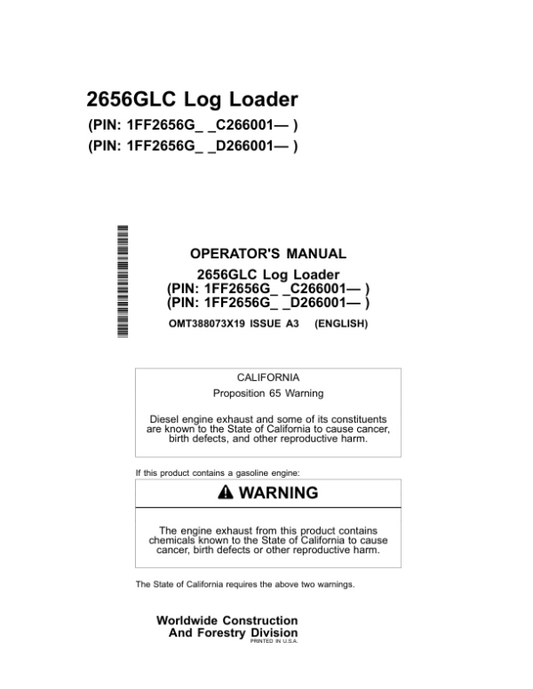 John Deere 2656GLC Log Loaders Operator’s Manuals (OMT388073X19) Workshop Guide