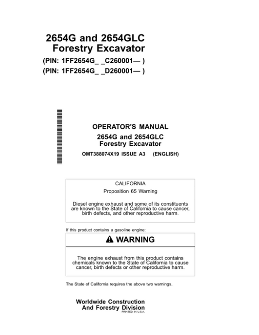 John Deere 2654G, 2654GLC Forestry Excavator Operator’s Manuals (OMT388074X19) Workshop Guide