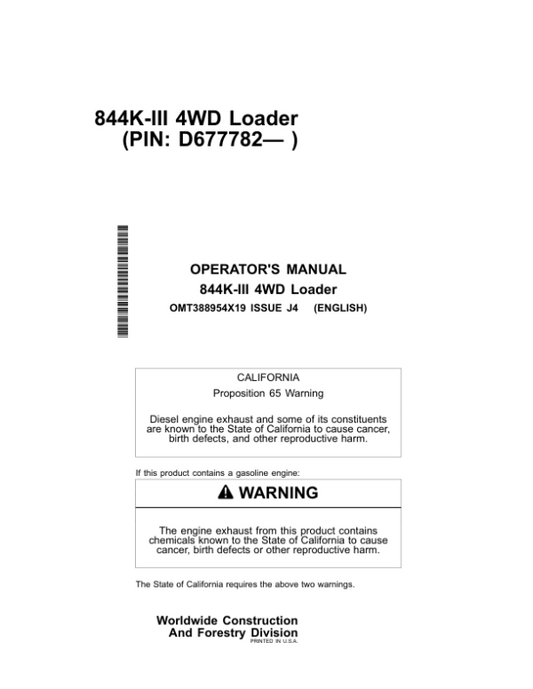 John Deere 844K SERIES III Loaders Operator’s Manuals (OMT388954X19) Workshop Guide