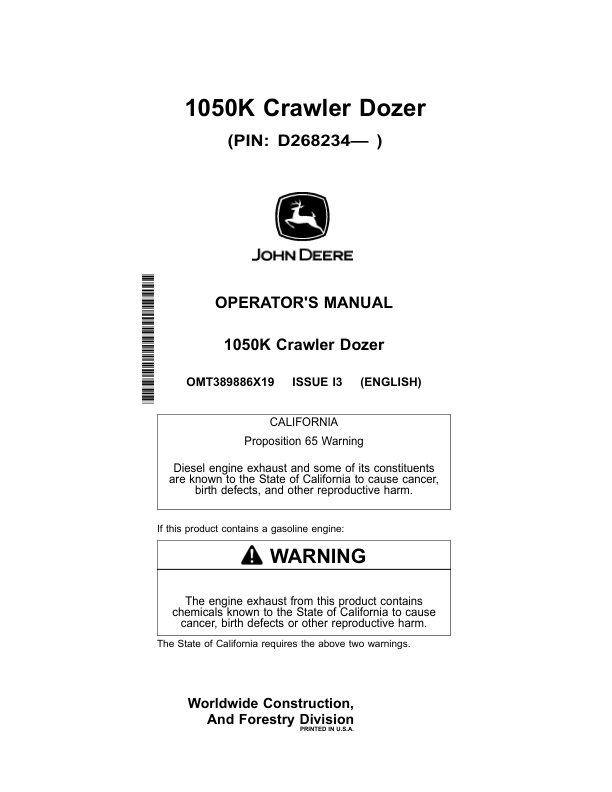John Deere 1050K Crawler Dozers Operator’s Manuals (OMT389886X19) Workshop Guide