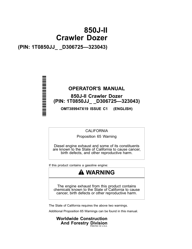 John Deere 850J-II Crawler Dozers Operator’s Manuals (OMT389947X19) Workshop Guide