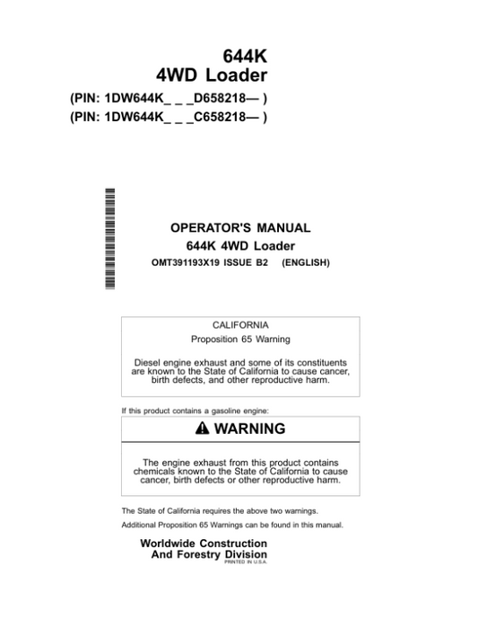 John Deere 644K Loaders Operator’s Manuals (OMT391193X19) Workshop Guide