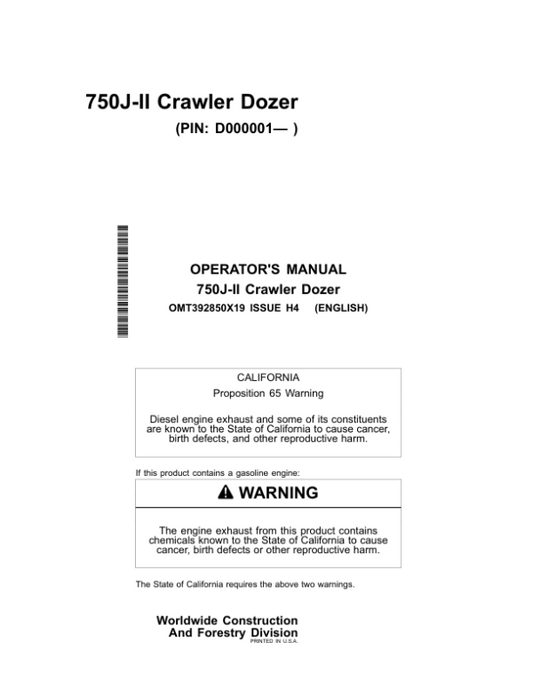 John Deere 750J-II Crawler Dozers Operator’s Manuals (OMT392850X19) Workshop Guide
