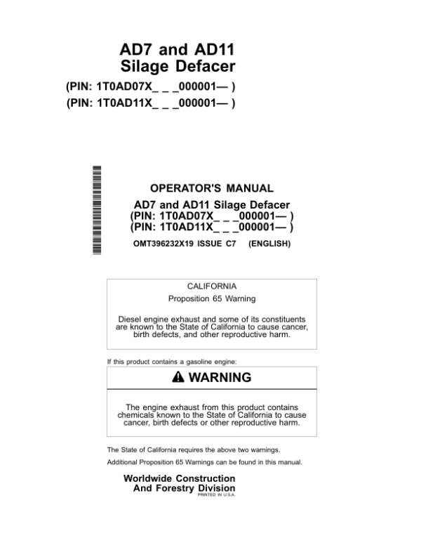 John Deere AD7, AD11 Worksite Pro Attachments Operator’s Manuals (OMT396232X19) Workshop Guide