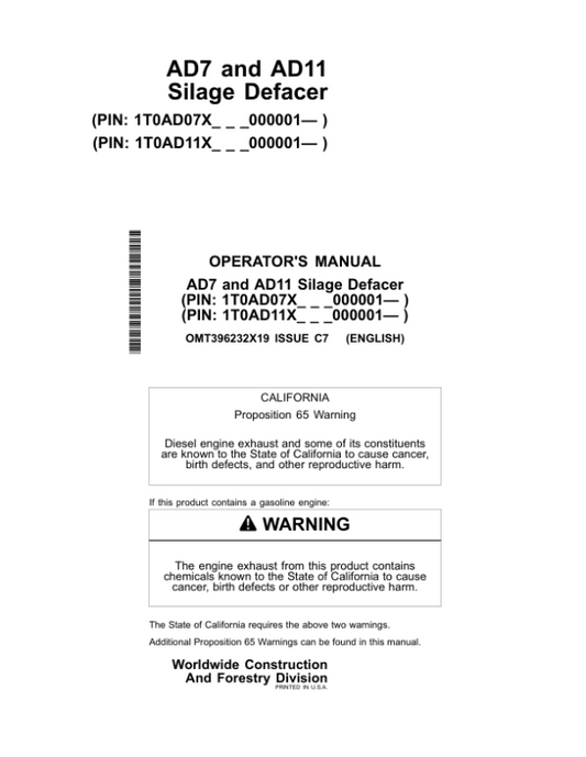 John Deere AD7, AD11 Worksite Pro Attachments Operator’s Manuals (OMT396232X19) Workshop Guide