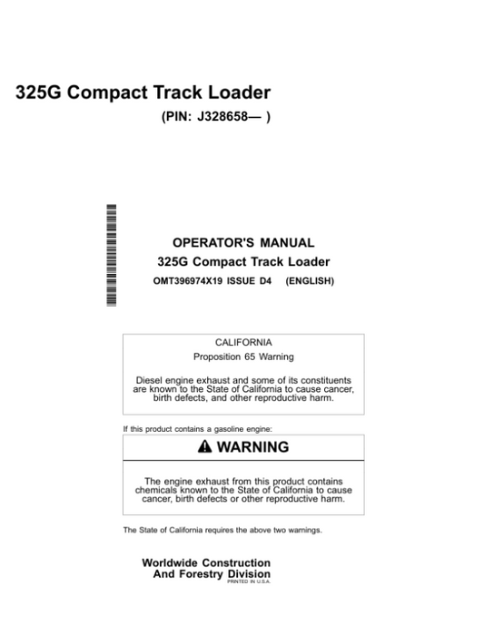 John Deere 325G Skid Steers Operator’s Manuals (OMT396974X19) Workshop Guide