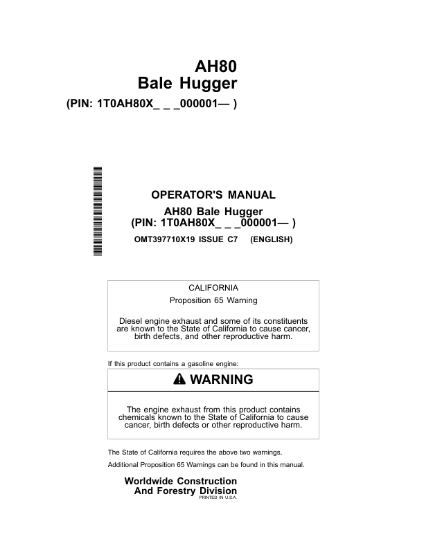 John Deere AH80 Worksite Pro Attachments Operator’s Manuals (OMT397710X19) Workshop Guide