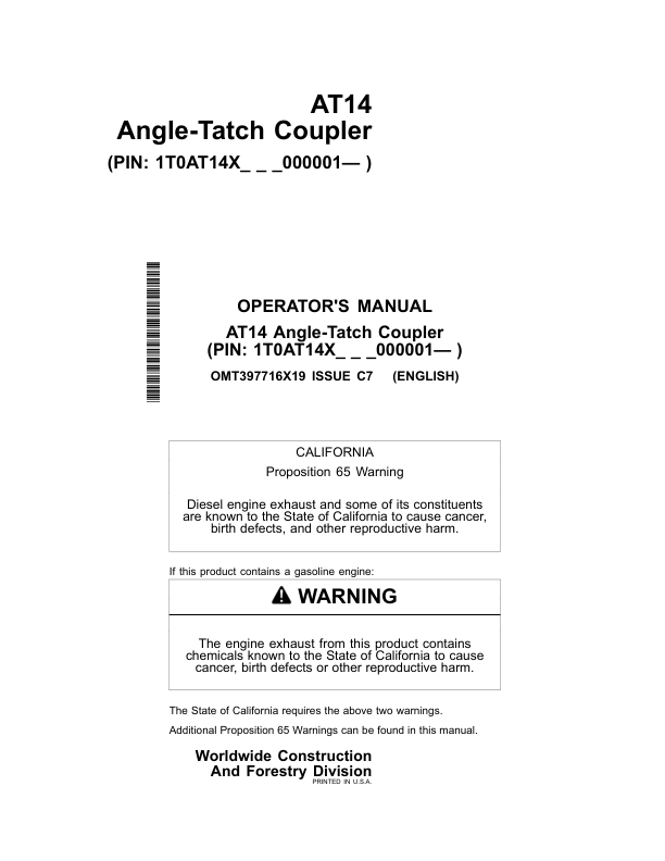 John Deere AT14 Worksite Pro Attachments Operator’s Manuals (OMT397716X19) Workshop Guide