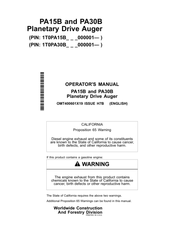 John Deere PA15B, PA30B Worksite Pro Attachments Operator’s Manuals (OMT400601X19) Workshop Guide