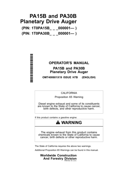John Deere PA15B, PA30B Worksite Pro Attachments Operator’s Manuals (OMT400601X19) Workshop Guide