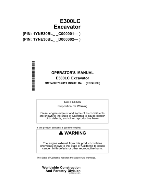 John Deere E300LC Excavators Operator’s Manuals (OMT400978X019) Workshop Guide