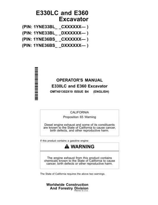 John Deere E330LC, E360 Excavators Operator’s Manuals (OMT401302X19) Workshop Guide