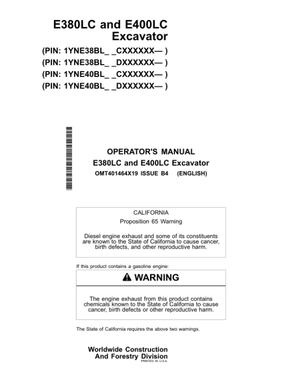 John Deere E380LC, E400LC Excavators Operator’s Manuals (OMT401464X19) Workshop Guide