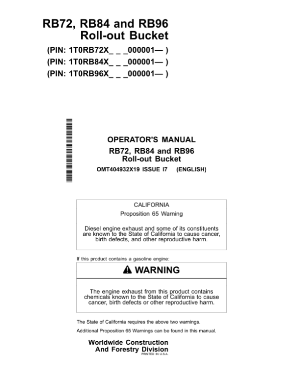 John Deere RB72, RB84, RB96 Worksite Pro Attachments Operator’s Manuals (OMT404932X19) Workshop Guide