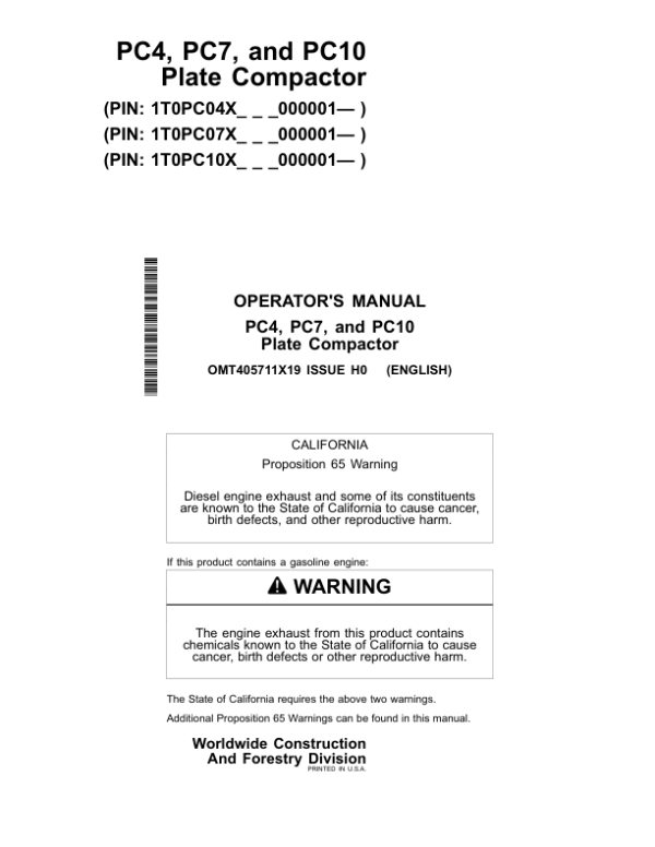 John Deere PC4, PC7, PC10 Attachments Operator’s Manuals (OMT405711X19) Workshop Guide