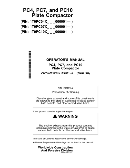 John Deere PC4, PC7, PC10 Attachments Operator’s Manuals (OMT405711X19) Workshop Guide