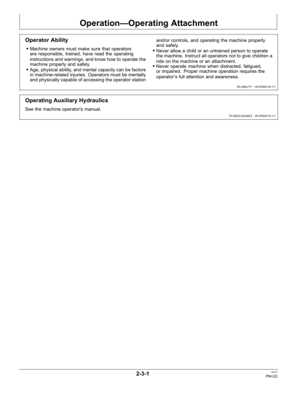 John Deere PC4, PC7, PC10 Attachments Operator’s Manuals (OMT405711X19) Workshop Guide