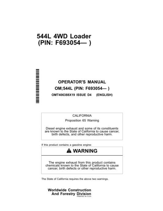 John Deere 544L Loaders Operator’s Manuals (OMT406388X19) Workshop Guide