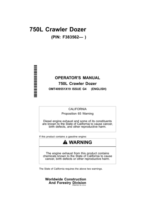 John Deere 750L Crawler Dozers Operator’s Manuals (OMT409551X19) Workshop Guide
