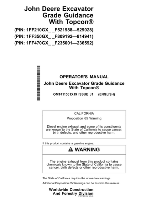 John Deere GRADE GUIDANCE, 210G, 210GLC, 350GLC, 470GLC Excavators Operator’s Manuals (OMT411561X19) Workshop Guide