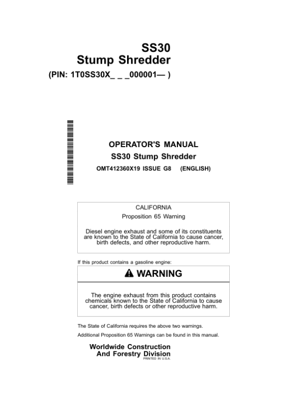 John Deere SS30 Worksite Pro Attachments Operator’s Manuals (OMT412360X19) Workshop Guide
