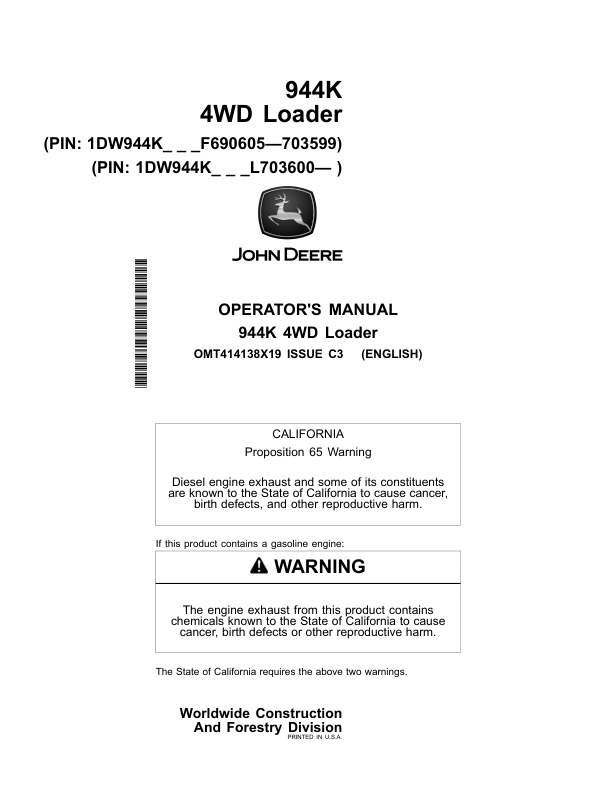 John Deere 944K Loaders Operator’s Manuals (OMT414138X19) Workshop Guide