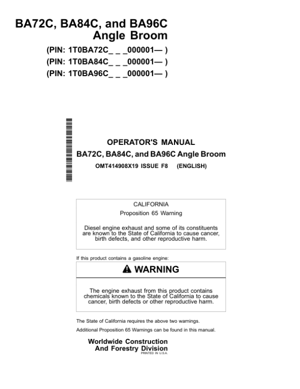 John Deere BA72C, BA84C, BA96C Worksite Pro Attachments Operator’s Manuals (OMT414908X19) Workshop Guide