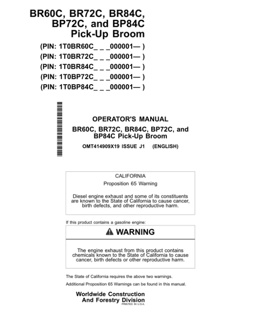 John Deere BR60C, BR72C, BR84C, BP72C, BP84C Worksite Pro Attachments Operator’s Manuals (OMT414909X19) Workshop Guide