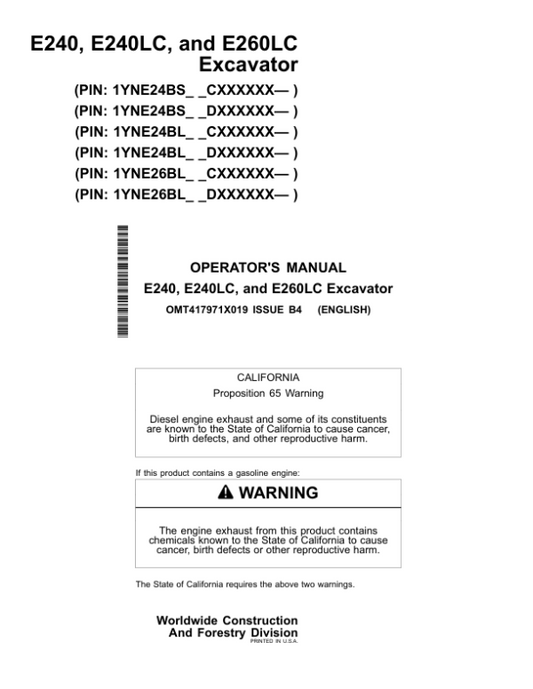 John Deere E240, E240LC, E260LC Excavators Operator’s Manuals (OMT417971X019) Workshop Guide