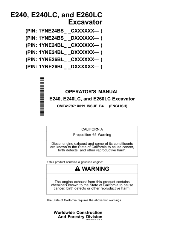 John Deere E240, E240LC, E260LC Excavators Operator’s Manuals (OMT417971X019) Workshop Guide