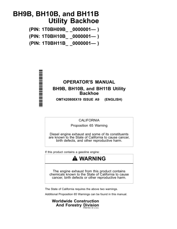John Deere BH9B, BH10B, BH11B Worksite Pro Attachments Operator’s Manuals (OMT420808X19) Workshop Guide